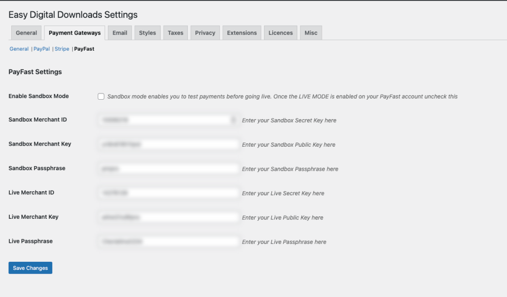 EDD PayFast settings page