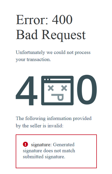 Example of 400 bad request error during PayFast checkout.